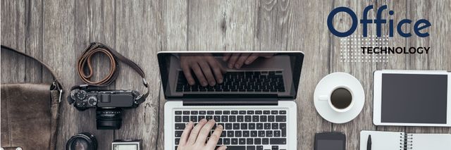Plantilla de diseño de Office technology concept with hands typing on laptop Email header 