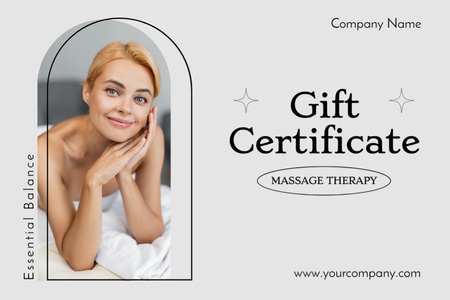 Template di design Massage Therapy Promotion with Smiling Young Woman Gift Certificate
