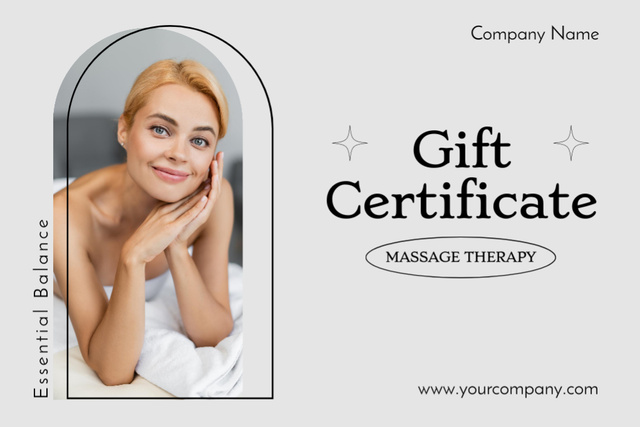 Plantilla de diseño de Massage Therapy Promotion with Smiling Young Woman Gift Certificate 