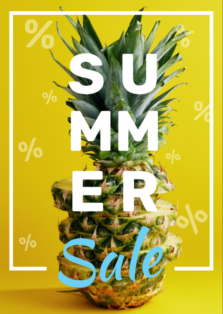 Summer Discount Offer with Juicy Pineapple on Yellow Flyer A6 Design Template