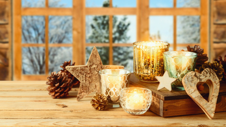 Burning Candles and Wooden Holiday Decor Zoom Background Design Template