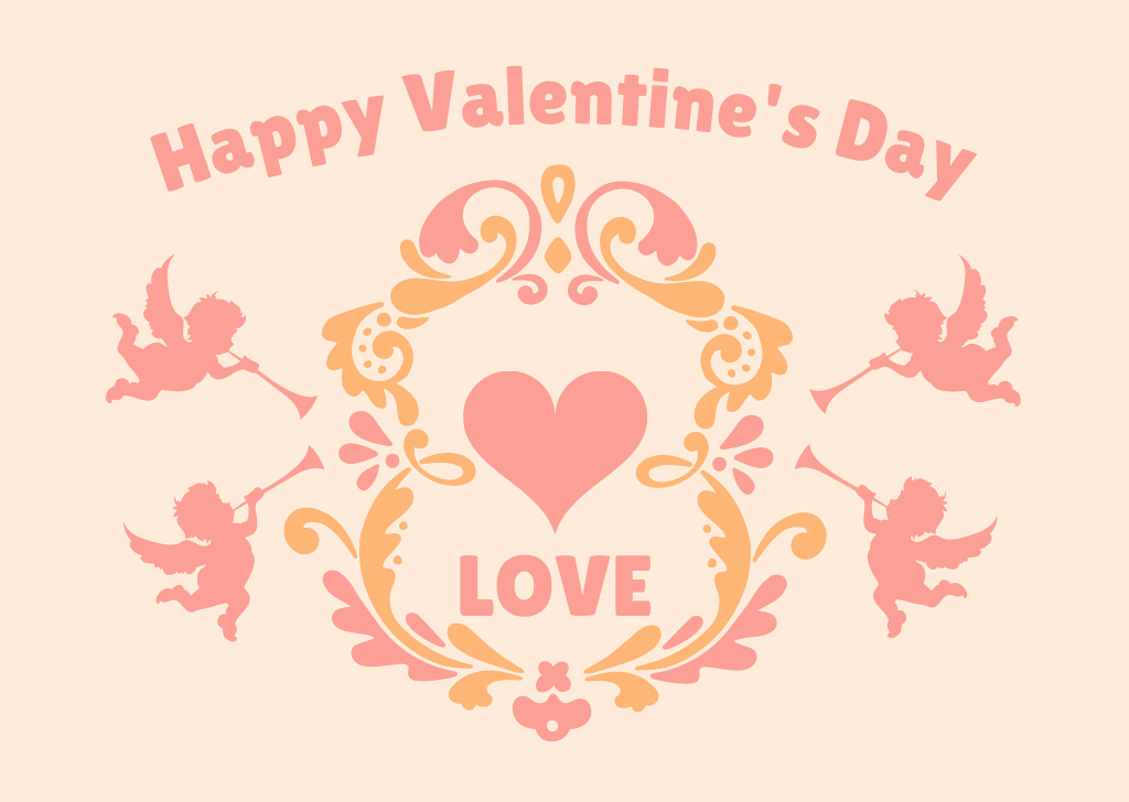 Platilla de diseño Valentine's Day Greeting with Cupids and Bright Pattern Card