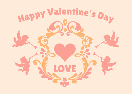 Valentine's Day Greeting with Cupids and Bright Pattern Card Πρότυπο σχεδίασης
