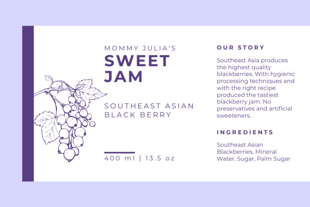 Designvorlage Sweet Blackberry Jam With Ingredients Description für Label