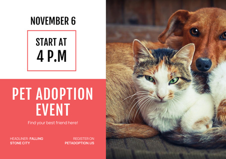 Plantilla de diseño de Pet Adoption Event Announcement with Cute Dog and Cat Flyer A5 Horizontal 