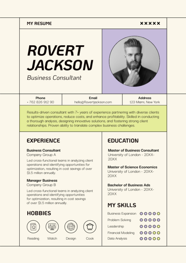 Skills of Business Consultant with Photo of Man Resume Modelo de Design