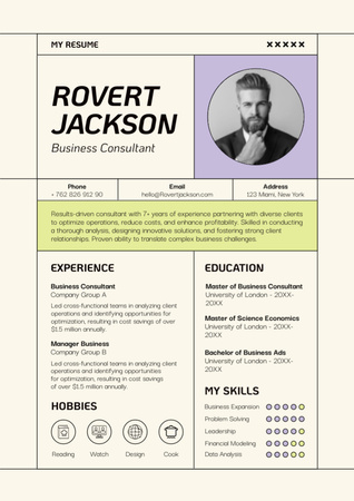 Ontwerpsjabloon van Resume van Vaardigheden van bedrijfsadviseur met foto van de mens