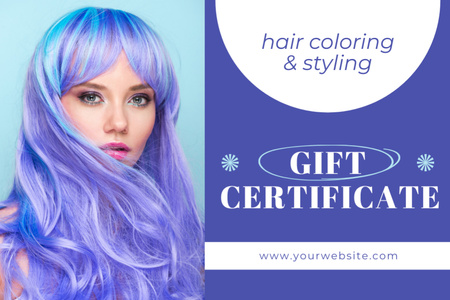 Young Woman with Bright Gradient Purple Hair Gift Certificate Design Template