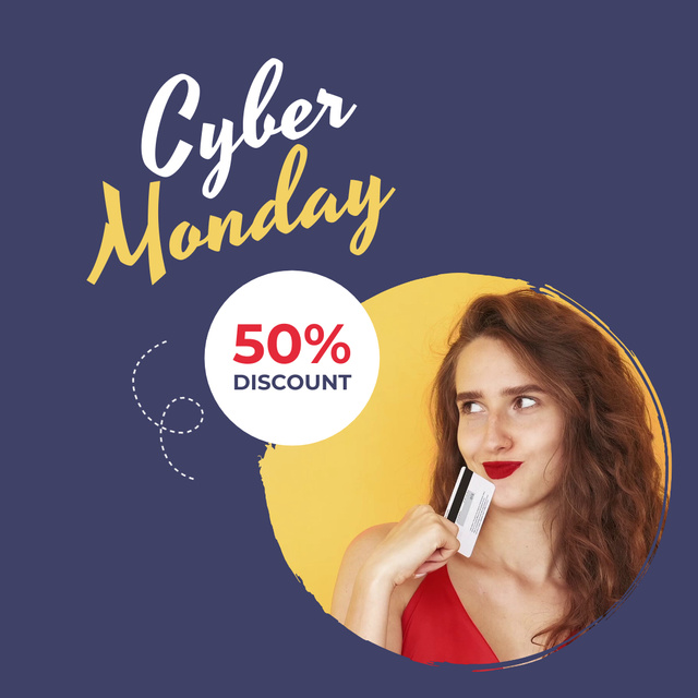Cyber Monday Sale with Woman holding Credit Card Animated Post Design Template