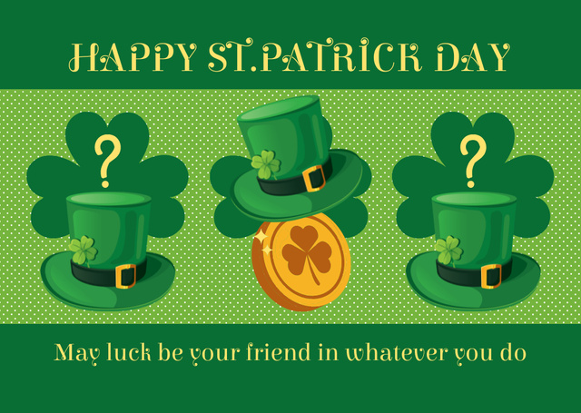 Patrick's Day Greeting with Illustration of Green Hats and Coin Card – шаблон для дизайна
