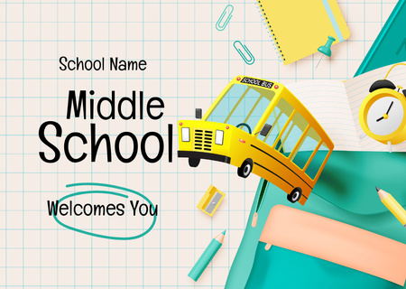 School Apply Announcement with Yellow School Bus Postcard Design Template