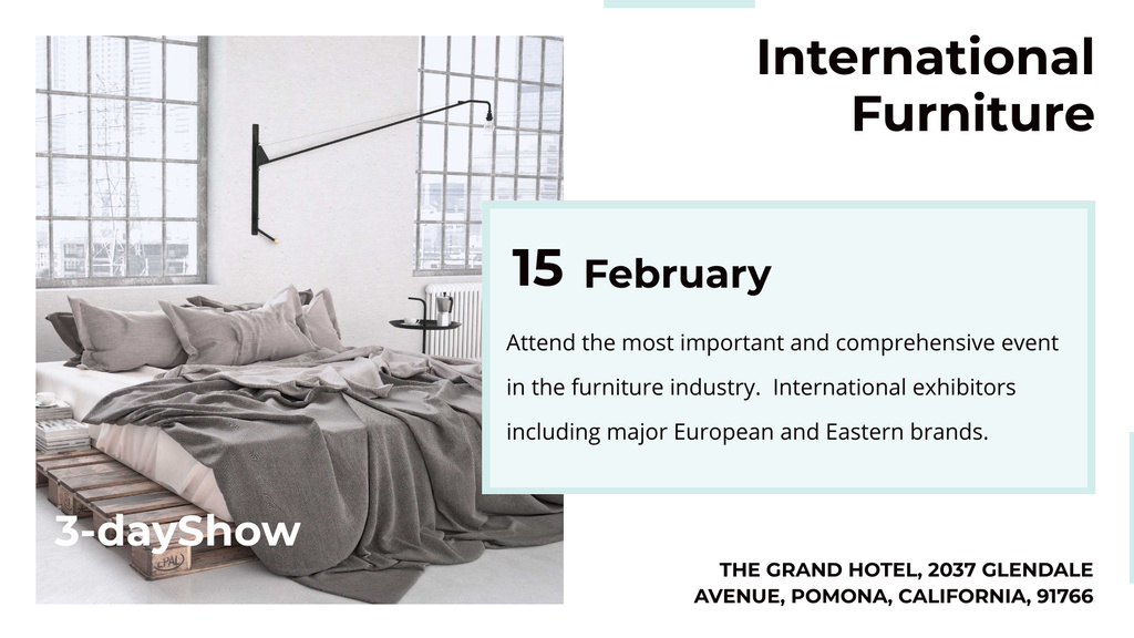 Designvorlage Furniture Show Bedroom in Grey Color für Title 1680x945px