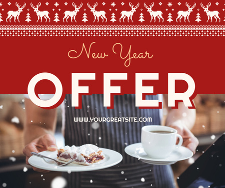 Waiter with coffee and cake on New Year Facebook Design Template