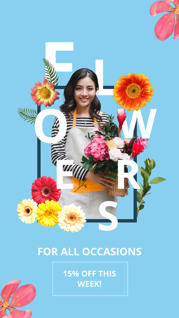 Flowers For Every Occasion With Discount In Blue Instagram Video Story Modelo de Design