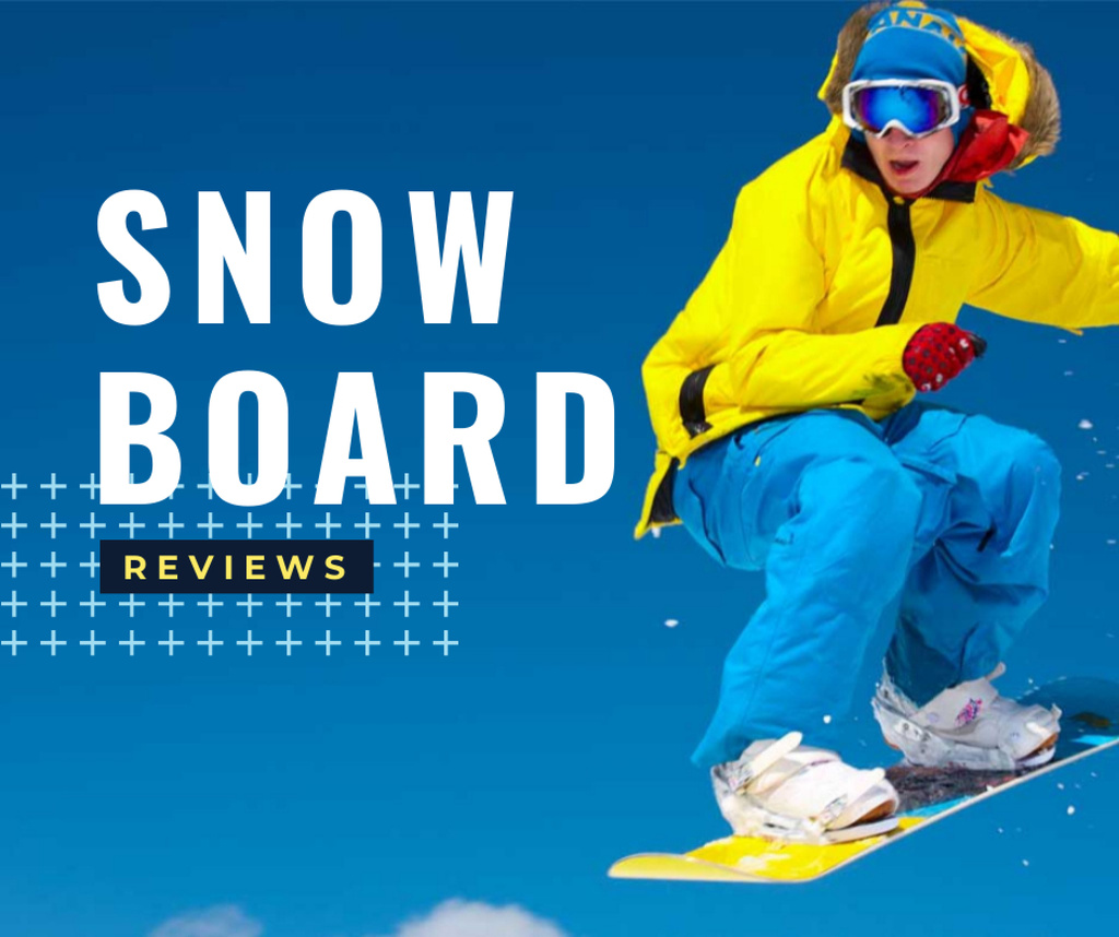 Man Riding Snowboard in Snowy Mountains Facebook Design Template