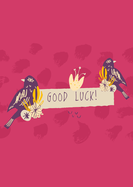 Good Luck Wishes with Birds on Pink Postcard A6 Vertical Tasarım Şablonu