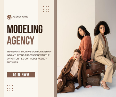 Modeling Agency Ad with Stylish Mixed Race Women Facebook Design Template
