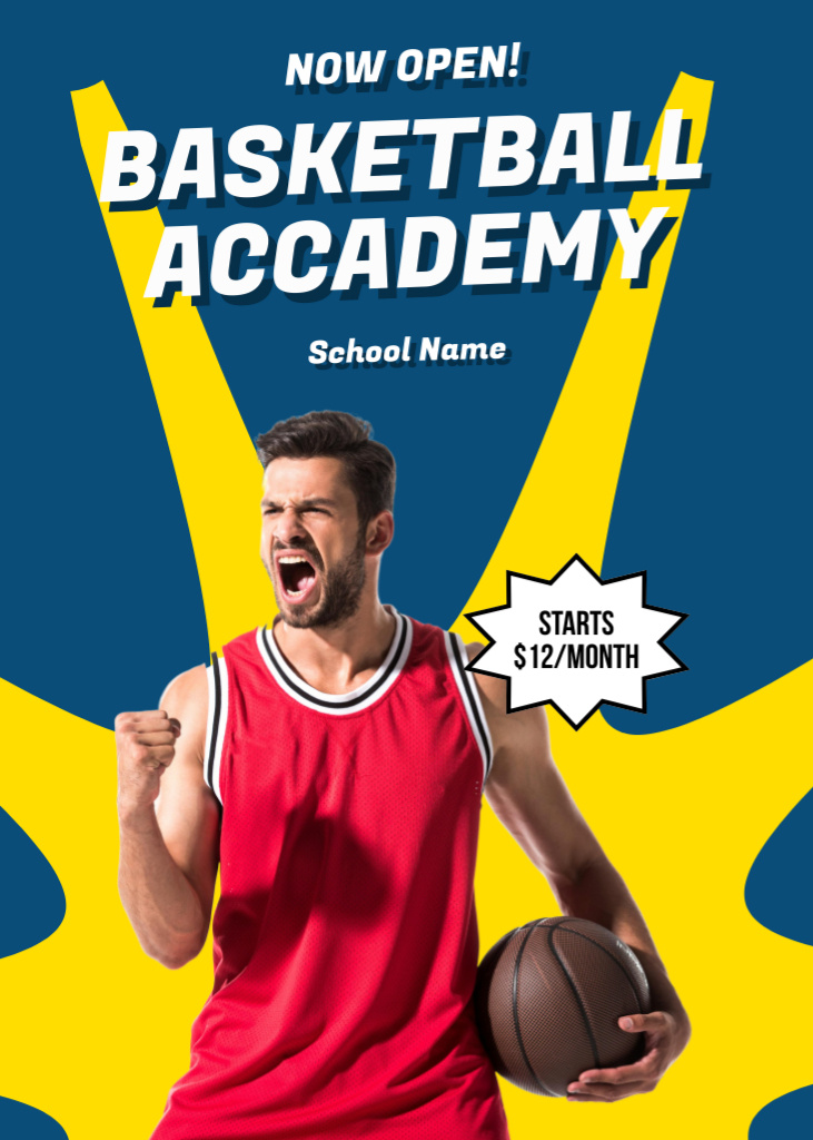 Ontwerpsjabloon van Flayer van Basketball Academy Advertisement with Excited Athletic Player