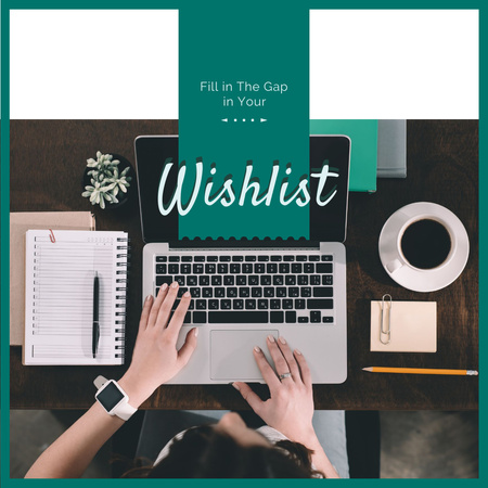 Designvorlage Frau, die Wunschliste auf Laptop erstellt für Instagram AD