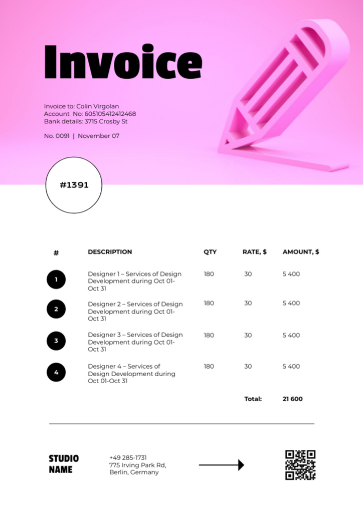 Design Studio Services Offer with Pink Pencil Invoice tervezősablon