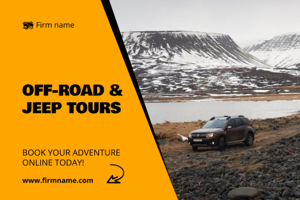 Ad of Off-Road Jeep Tours Offer with Car and Mountain Landscape Postcard 4x6in Design Template