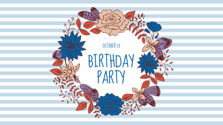 Birthday Party Announcement in Flowers Wreath FB event cover Design Template