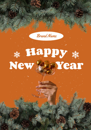 New Year Greeting with Pine Cones on Tree Postcard A5 Vertical Design Template
