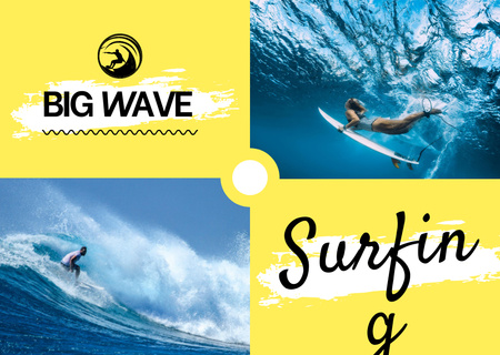 Szörf iskola hirdetése emberrel a hullámon Postcard tervezősablon