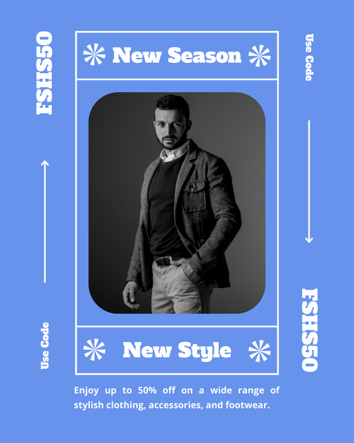 New Fashion Season Promotion with Stylish Man Instagram Post Vertical Modelo de Design