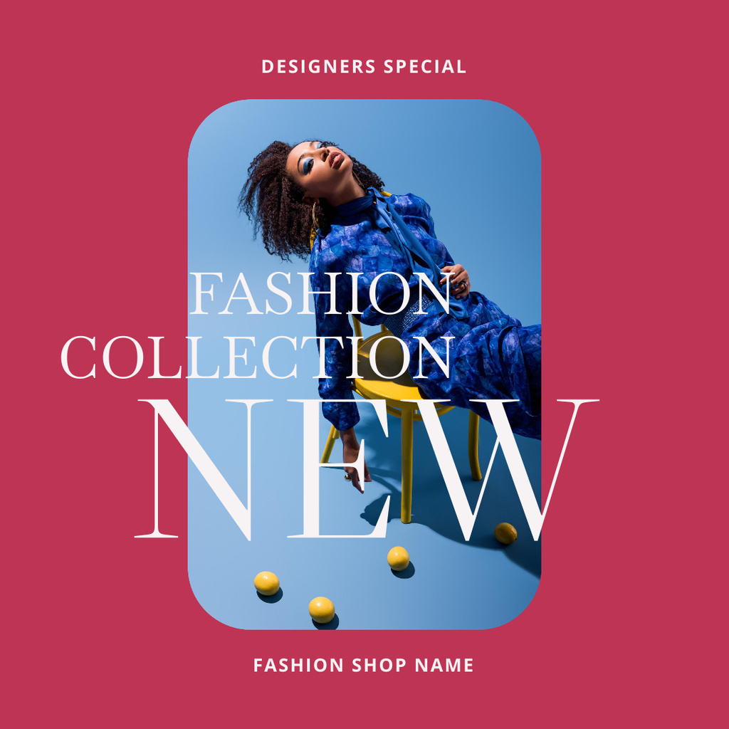 New Fashion Collection Ad with Woman in Blue Instagram Design Template