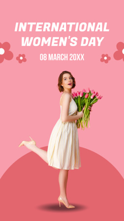 Designvorlage Frau mit rosa Tulpen am Internationalen Frauentag für Instagram Story