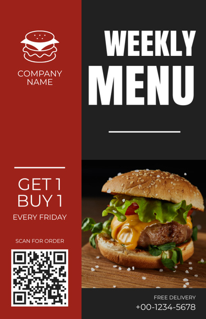Weekly Menu Ad with Tasty Burger Recipe Card Modelo de Design