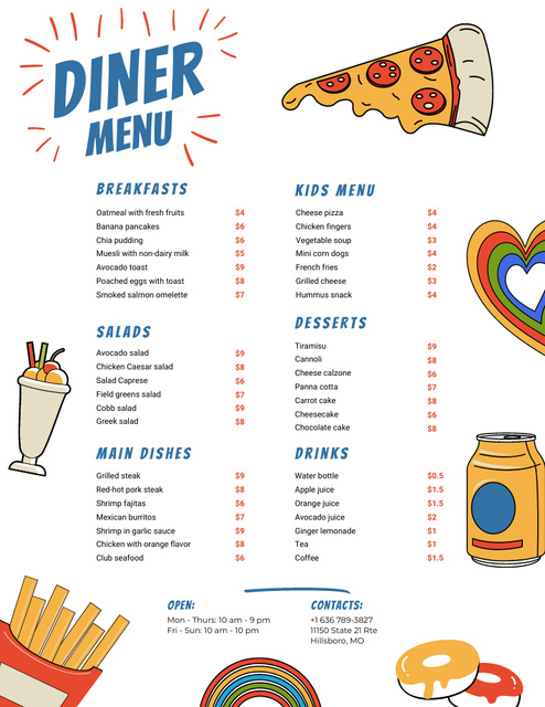 Cartoon Illustrated List of Diner's Offers Menu 8.5x11inデザインテンプレート