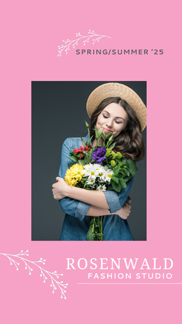 Attractive Woman with Cotton Flower in Pink Instagram Video Story Šablona návrhu
