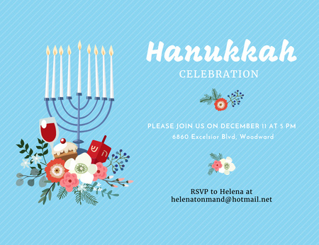 Hanukkah Celebration With Menorah In Blue Invitation 13.9x10.7cm Horizontal Design Template