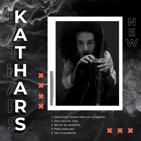 Ontwerpsjabloon van Album Cover van Frame met foto van een jonge man omringd met witte tekst en oranje kruisjes
