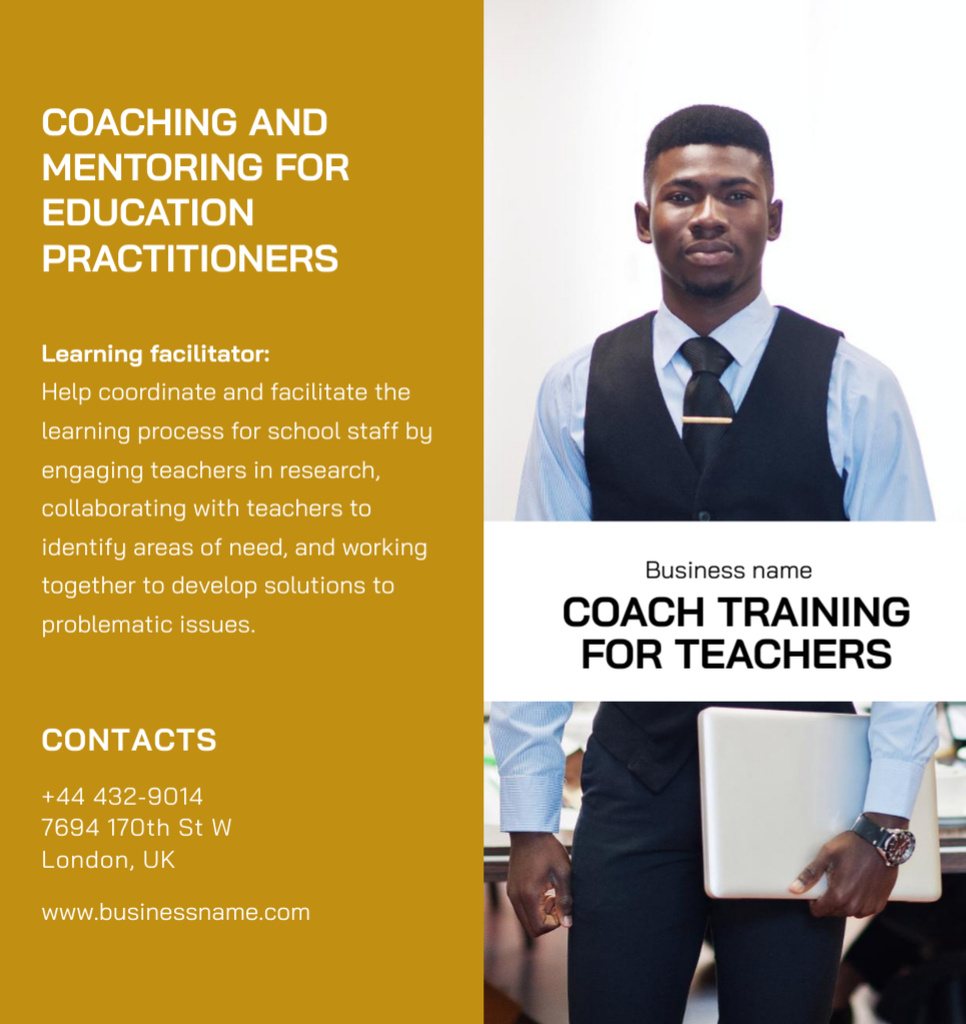 Coach Training for Teachers with Man holding Laptop Brochure Din Large Bi-fold Design Template