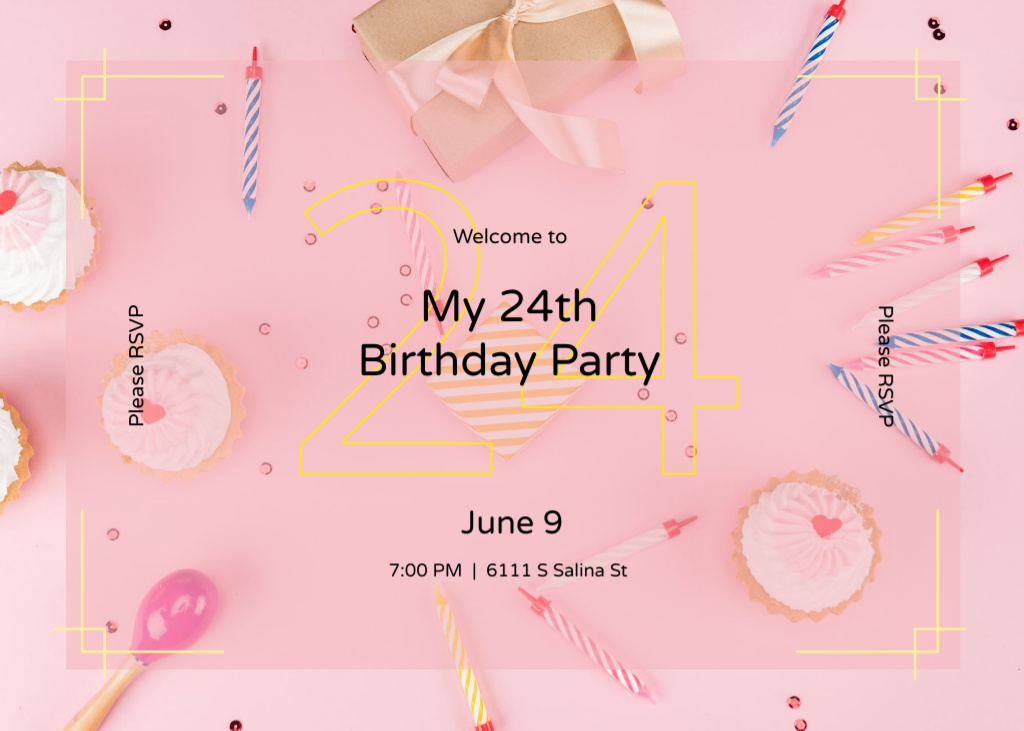 Ontwerpsjabloon van Postcard 5x7in van Birthday Celebration Announcement In Pink With Accessories