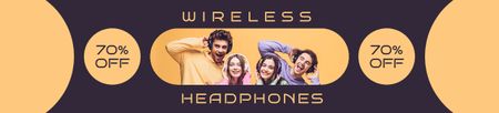 Ontwerpsjabloon van Ebay Store Billboard van Verkoopaanbieding met mensen in draadloze hoofdtelefoons