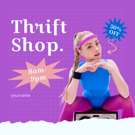 Retro sporty woman for thrift shop purple Instagram AD Design Template