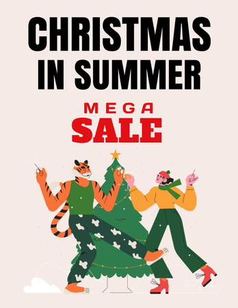 Tiger Character Dancing And Christmas In July Sale Offer Flyer 8.5x11in Design Template