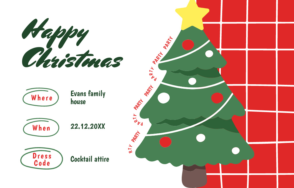 Delightful Christmas Party Announcement With Decorated Tree Invitation 4.6x7.2in Horizontal Design Template