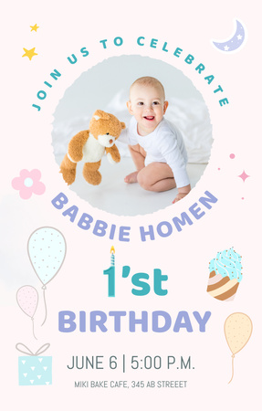 Aniversário do primeiro bebê Invitation 4.6x7.2in Modelo de Design