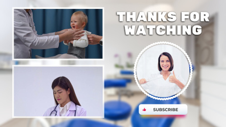 Plantilla de diseño de Vlog de atención médica con episodios sobre pediatría y odontología YouTube outro 