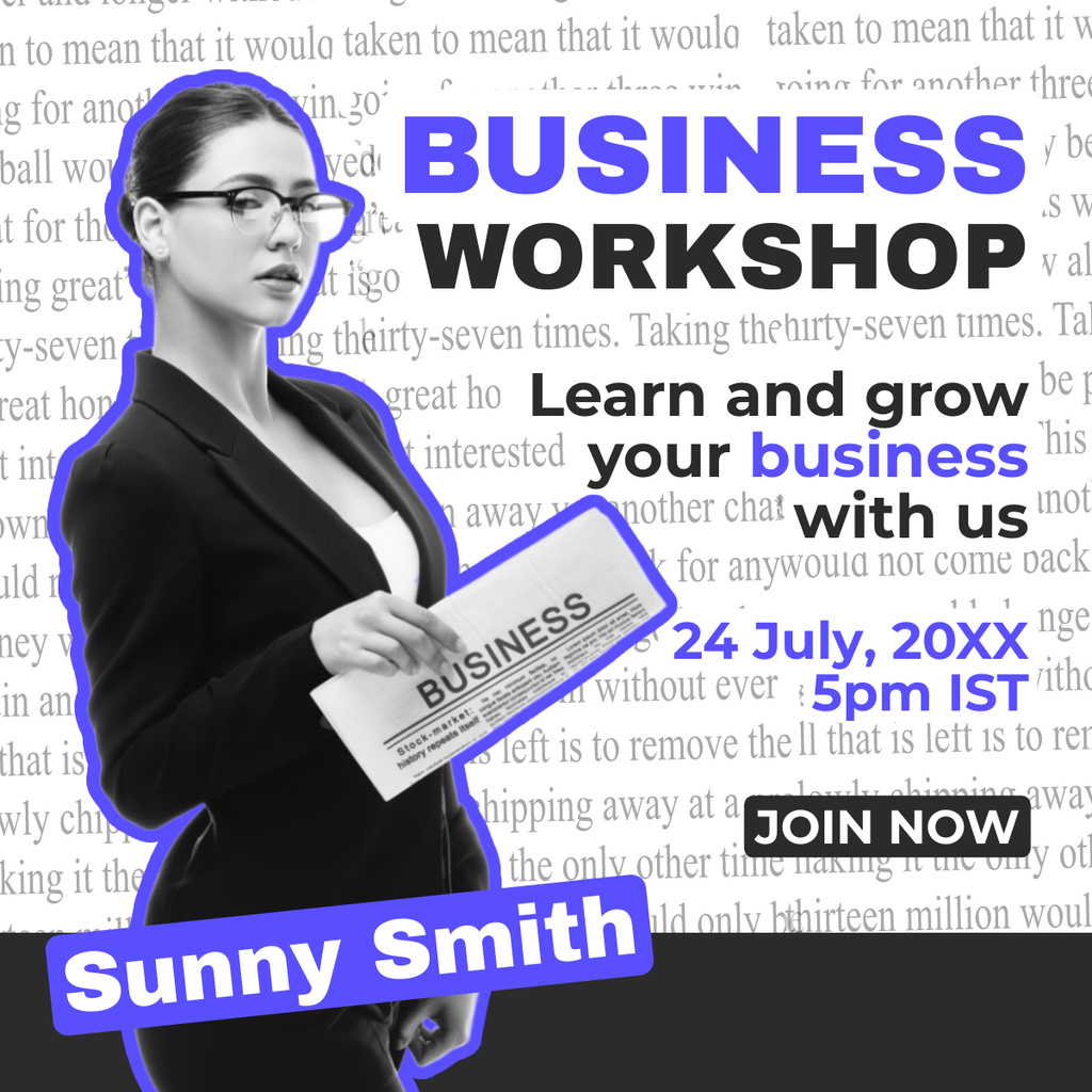 Business Workshop Ad with Stylish Businesswoman LinkedIn postデザインテンプレート
