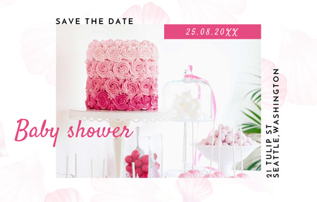 Platilla de diseño Festive Baby Shower Announcement With Pink Cakes Invitation 4.6x7.2in Horizontal