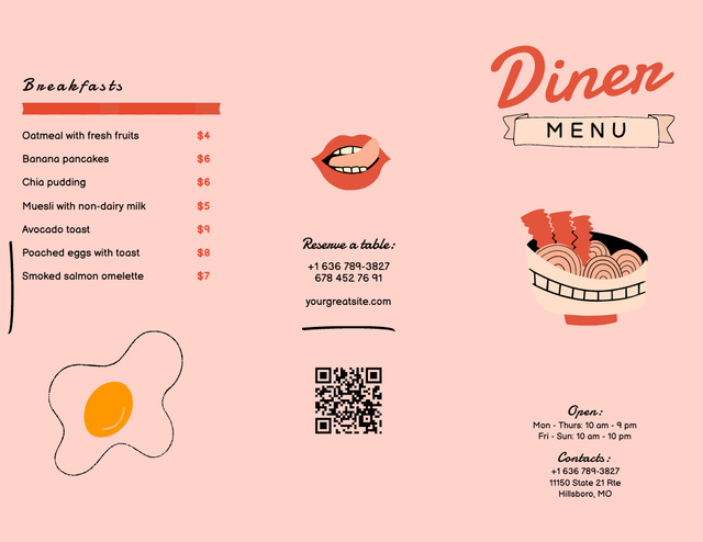 Illustrated Breakfasts With Eggs Menu 11x8.5in Tri-Fold – шаблон для дизайна