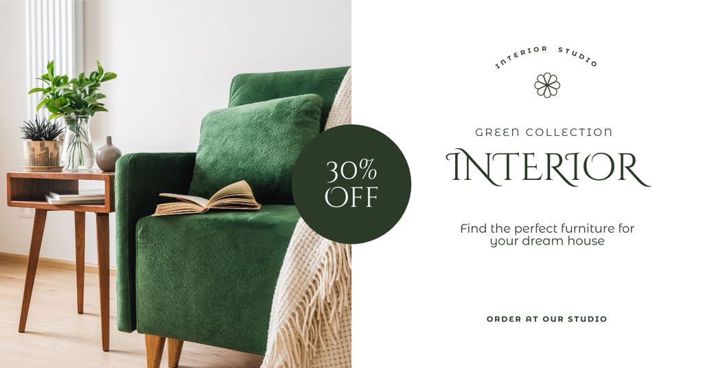 Discount Offer on Interior Items with Green Sofa Facebook AD Tasarım Şablonu
