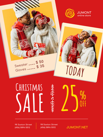 Christmas Sale Announcement with Cute Couple in Winter Clothes Poster US Design Template