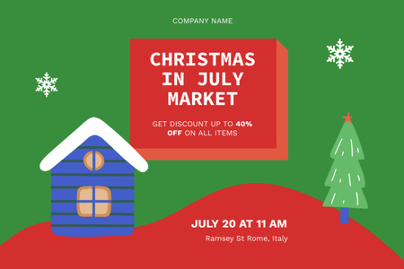 Christmas Market in July with House and Christmas Tree Flyer 4x6in Horizontal Design Template